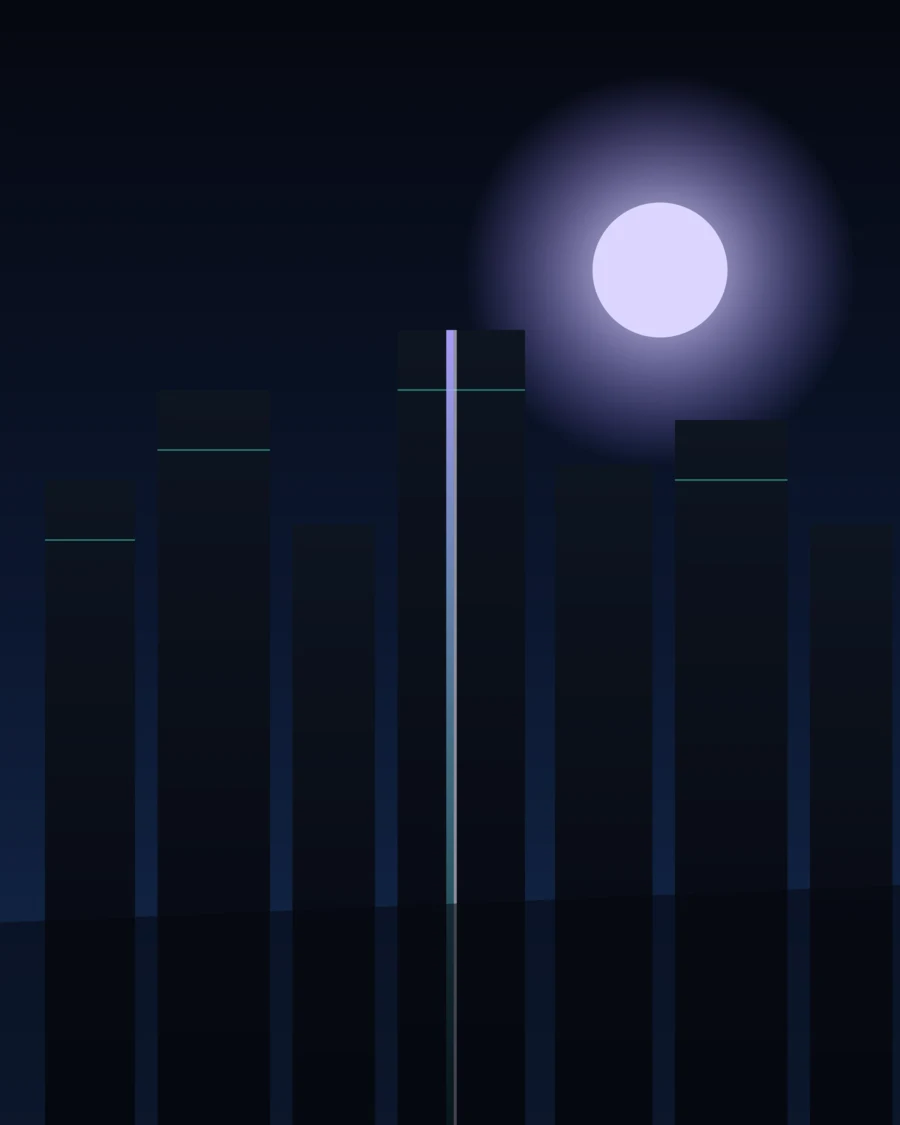 Key art for Nightglass, showing neon-lit towers under a violet moon